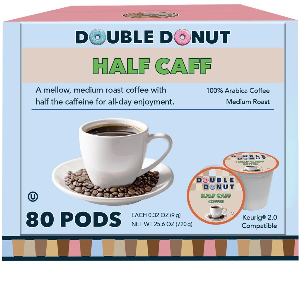 Double Donut Coffee Half Caff Coffee Pods, Single Serve Half Caffeine Coffee Pods For Keurig K Cup Brewers, Medium Roast, 80 Count