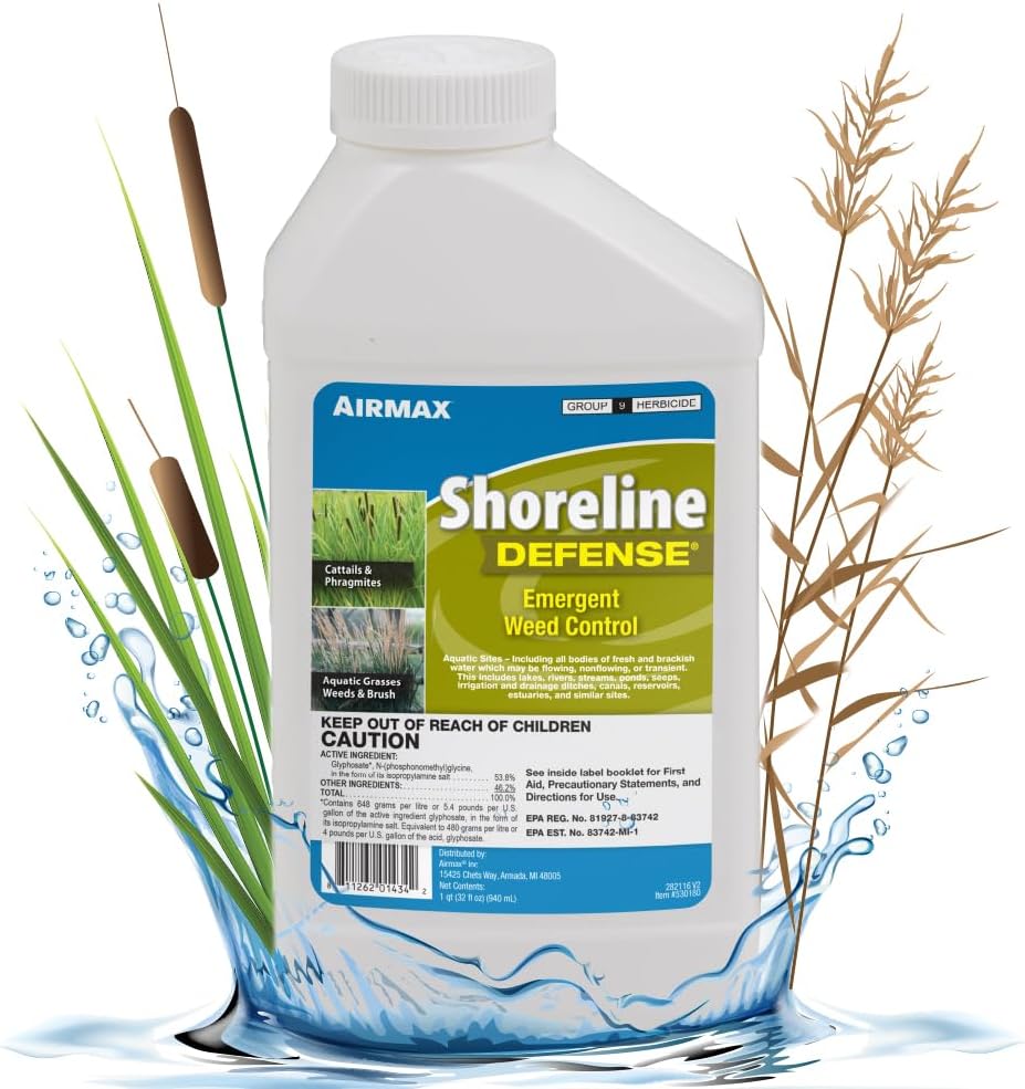Airmax Shoreline Defense Emergent Weed Control Concentrated Treatment, Aquatic Herbicide (Glyphosate) for Phragmites, Pond Grass & Cattails, 1 Quart