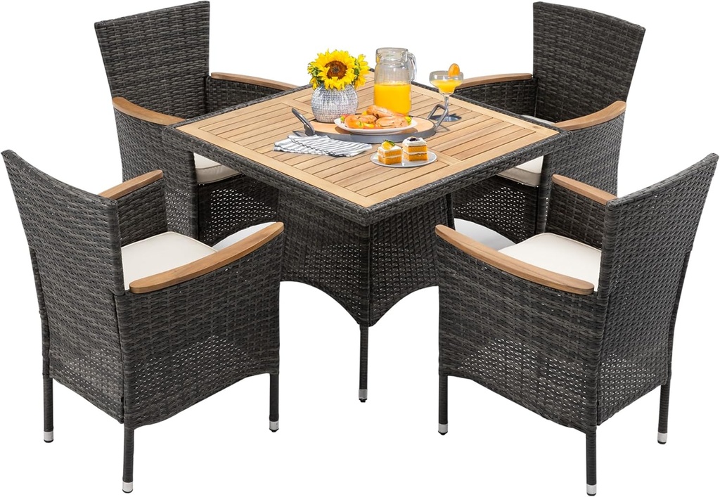 5 Piece Patio Wicker Dining Sets for 4, Water-Resistant Rattan Outdoor Dining Table and 4 Chairs with Wood Table Top, Conversation Set Removable Cushions for Deck, Garden, Backyard, Gray