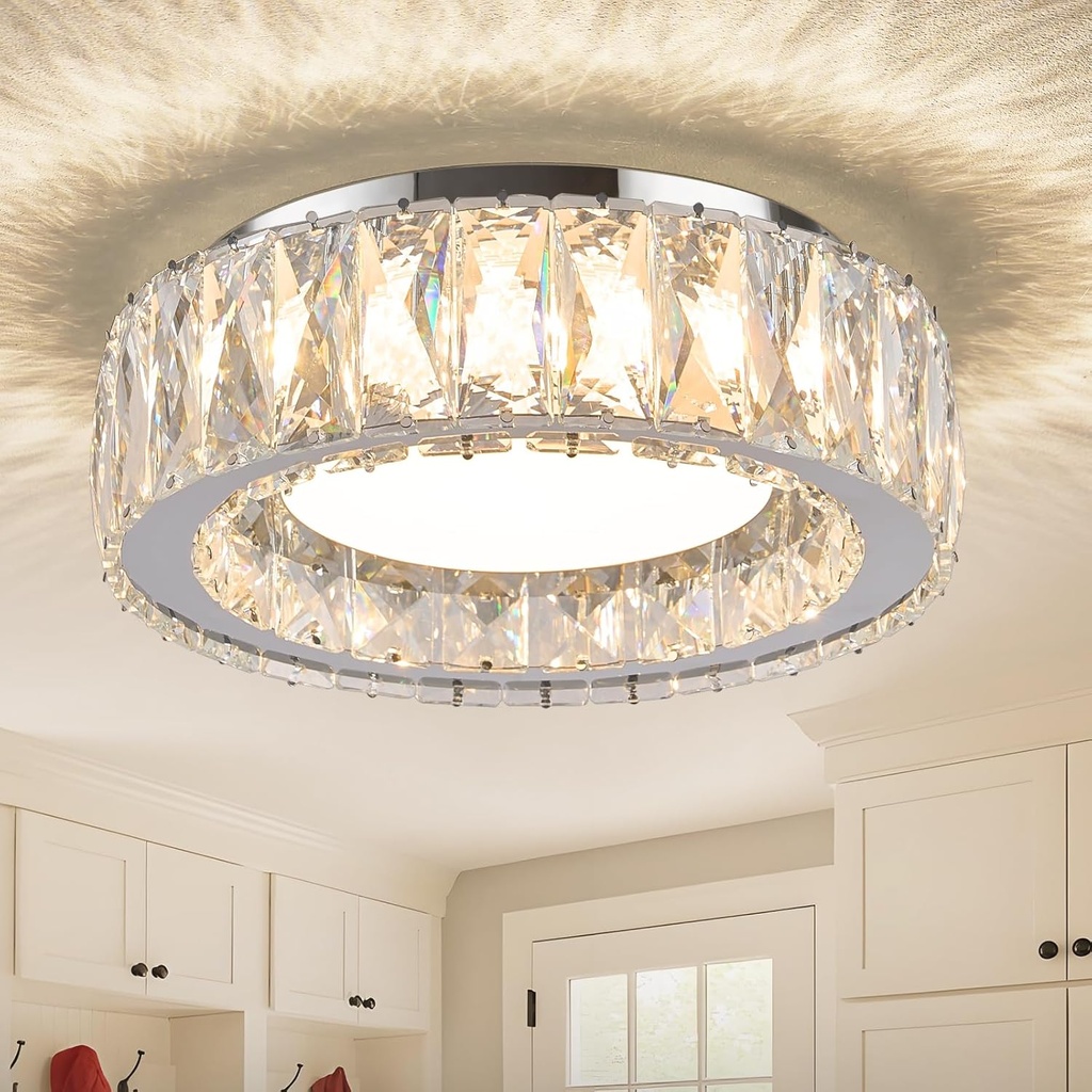 Dimmable Modern Luxury Crystal LED Flush Mount Ceiling Light,11 Inch 24W/5CCT 3000K-6000K Chrome Small Close to Ceiling Lighting Fixtures for Kitchen,Entryway,Laundry Room,Porch,Hallway
