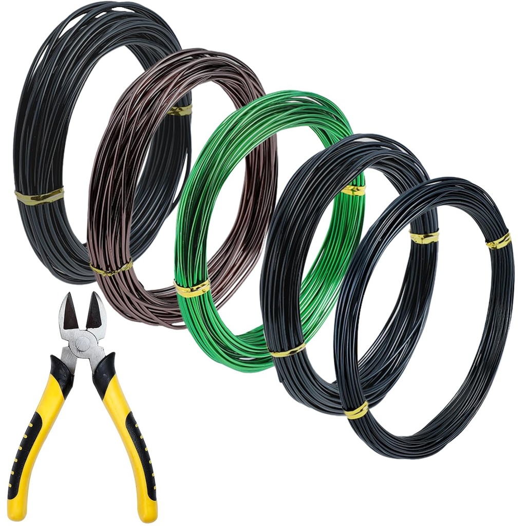 5 Roll Bonsai Wires, Anodized Aluminum Bonsai Training Wire with Wire Cutter, 3 Colors and 3 Sizes (1mm, 1.5mm, 2mm), Total 160 Feet, Aluminum Wires for Indoor Garden Small Trunks DIY Tools
