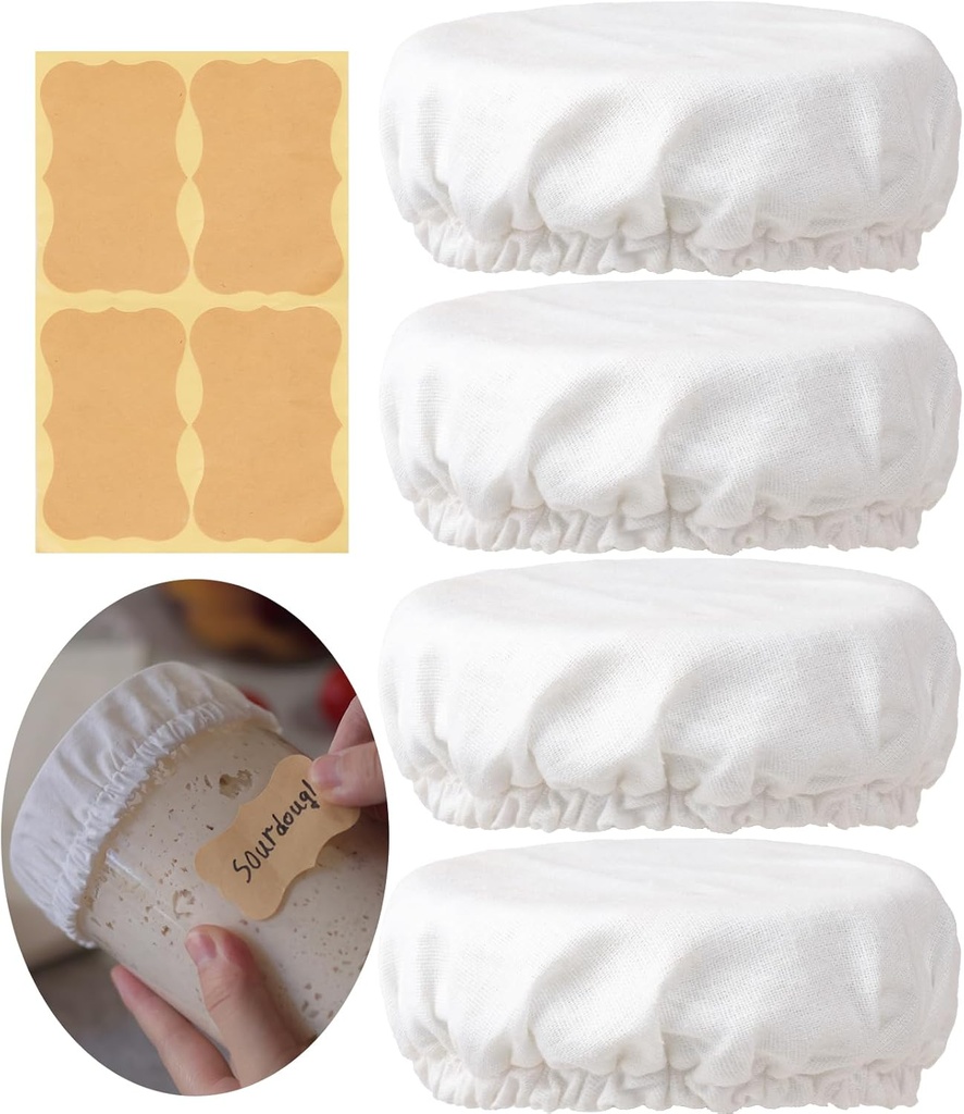 4 inch Sourdough Jar Cover, Wide Mouth Reusable Cloth Lid for Sour Dough Starter Jar, 4Pack Cotton Bread Fermentation Container Tops Elastic Fabric Caps for Weck Mason Kombucha Jars