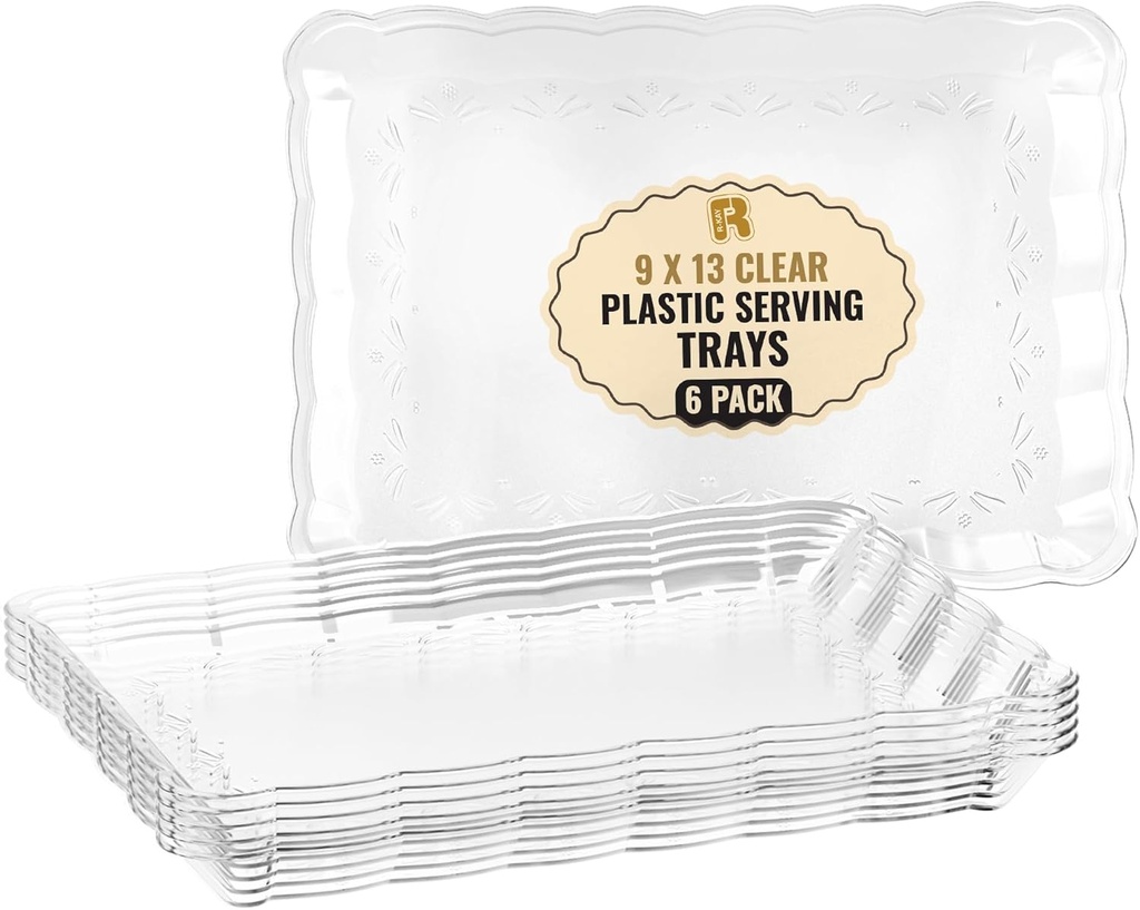 6 Pack Clear Plastic Serving Trays for Party, 9 x 13 Inch - Heavy Duty Plastic Trays for Food - Rectangular Party Serving Trays and Platters - Clear Disposable Trays