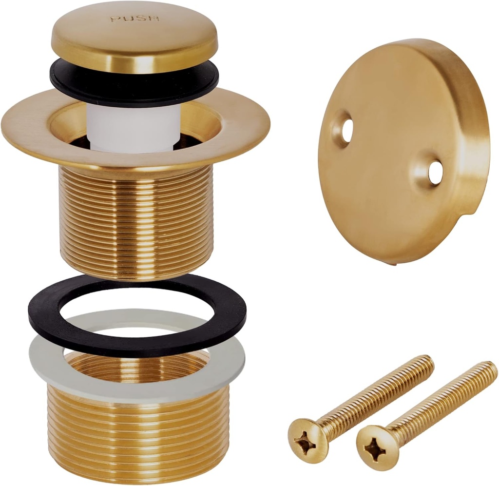 Bathtub Drain Tip-Toe Tub Trim Kit with Two-Hole Overflow Faceplate, All Brass Bathtub Drain Stopper Plug with Universal Fine/Coarse Thread, Lift & Turn Tub Conversion Set (Brushed Gold)