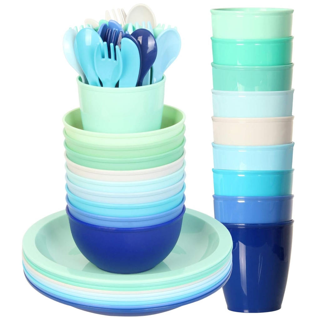 Youngever 54 pcs Plastic Dinnerware Set of 9, Coastal Colors, Toddler Dining Set, Cups, Plates, Bowls, Flatware Set
