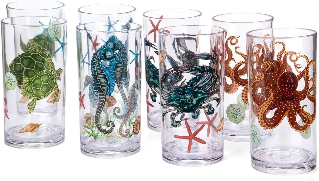 KX-WARE Sea Ocean Life 20-ounce Plastic Tumbler Drinking Glasses Mixed Drinkware Sets, set of 8 Multicolor