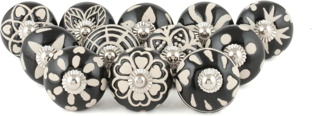Cabinet Knobs for Dresser Drawers - Countryside Boho Handmade Ceramic Handle Kitchen Cabinets Cupboard Wardrobe Pulls Farmhouse Decor - Black - Pack of 12