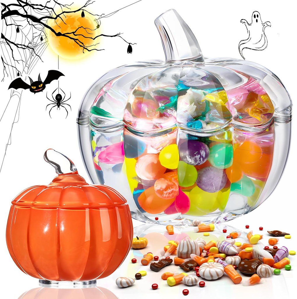 Dandat 2 Pcs Halloween Glass Pumpkin Jar with Lid 2 Sizes Halloween Candy Bowl Cute Snack Jar Crystal Candy Dish for Home Decoration Fall Thanksgiving Centerpieces Wedding Party, Clear and Orange