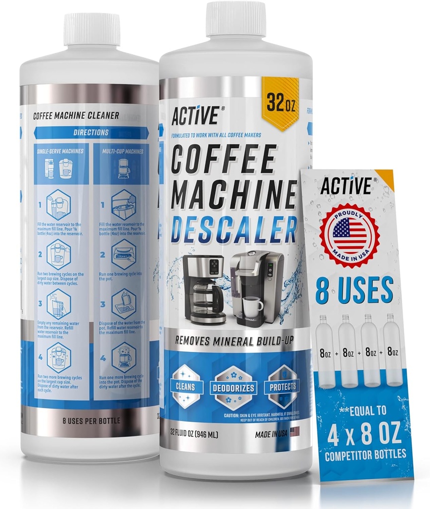 ACTIVE Coffee Machine Descaler Descaling Solution - 32oz (8 Uses) Compatible with Keurig,Nespresso,Breville,Delonghi, Jura, Ninja - Espresso Coffee Maker Cleaner,Coffee Pot Cleaning Limescale Remover
