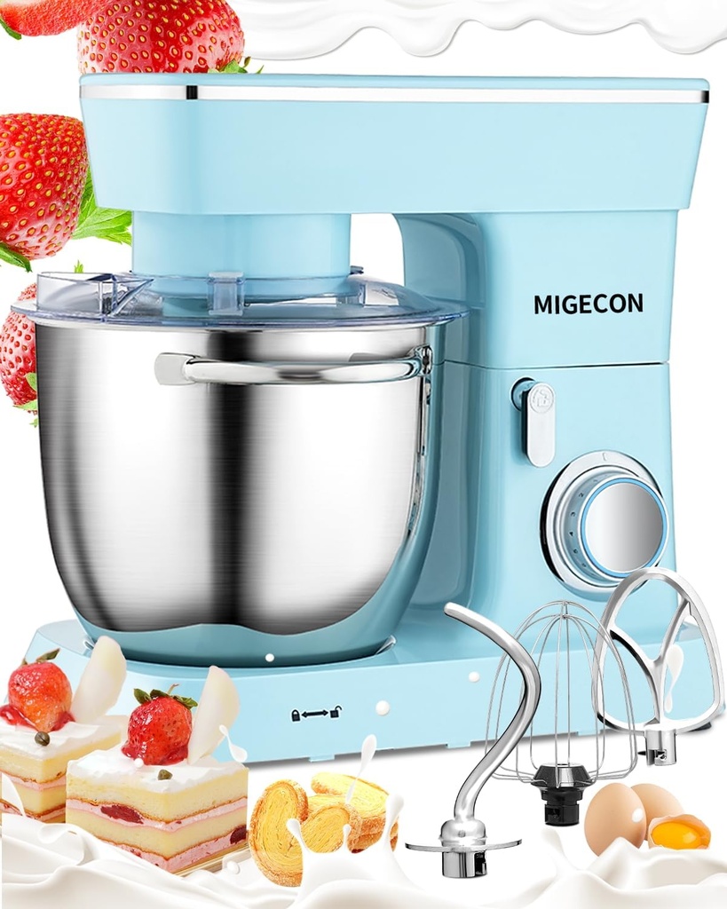 MIGECON Stand Mixer,Electric Food Mixer, Dough Hook, Flat Beater Attachments, Splash Guard 10 Speeds with Whisk, 5.26 QT Blue
