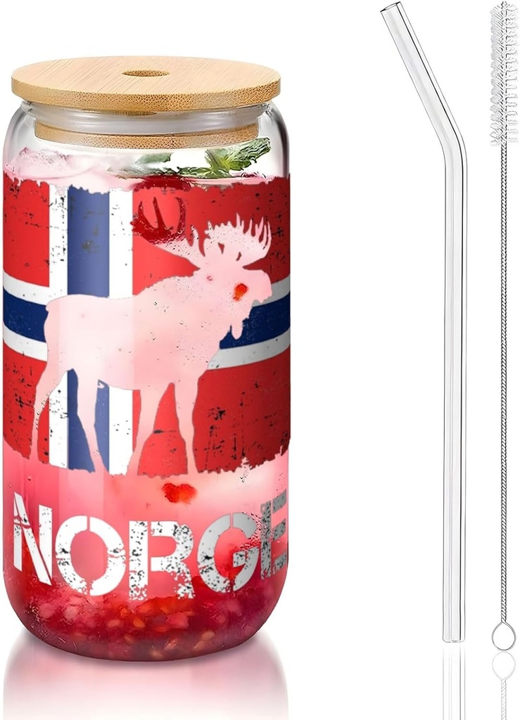 Norge Norway Flag 16 Oz Drinking Glasses With Bamboo Lids,Glass Straw And Cleaning Brushes Glass Tea Cup For Iced Coffee,Smoothie,Cocktail,Beer,Whiskey,Soda,Matcha