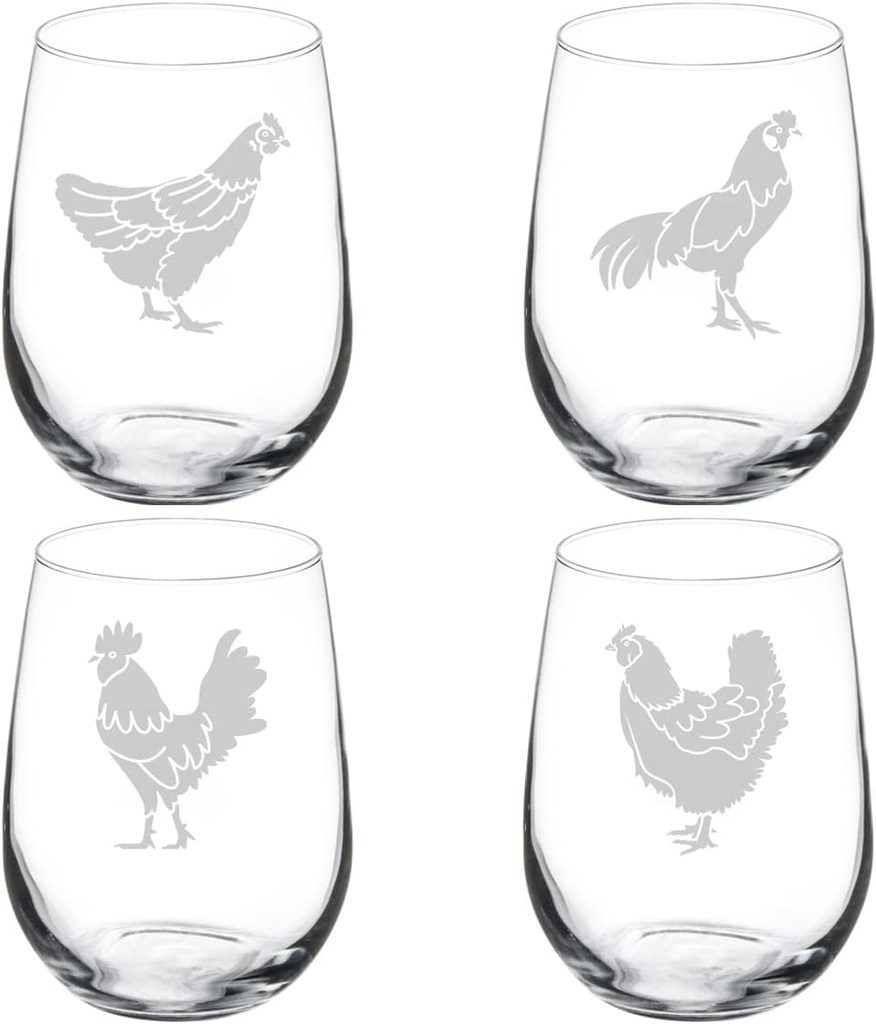 MIP Set of 4 Wine Glass Gift Goblet Chicken Collection (17 oz Stemless)