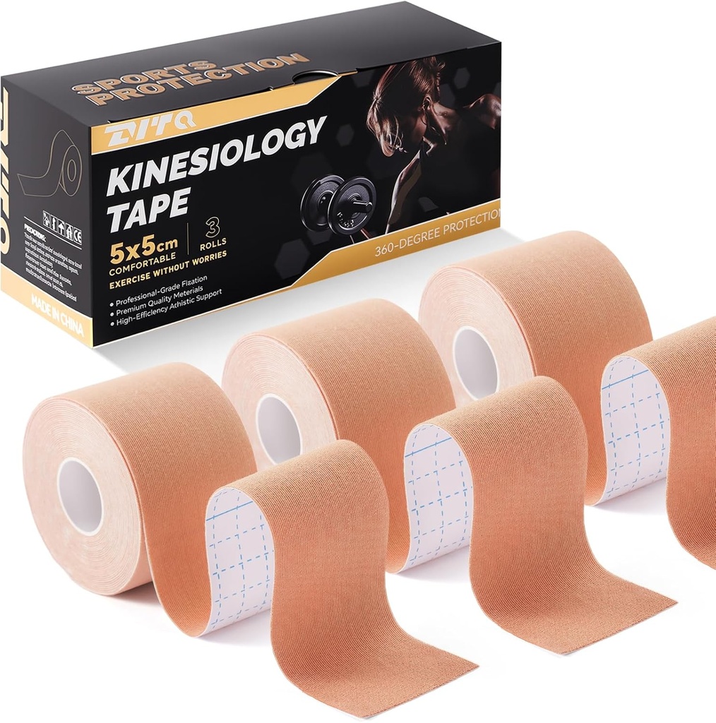 Kinesiology Tape (3 Rolls) - Acrylic Adhesive Muscle Tape - Waterproof, Breathable, Hypoallergenic for Muscle Support & Injury Recovery - Sports Tape, Athletic Tape (Beige)