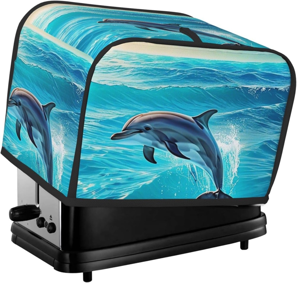 2 slice Toaster Cover, Dolphin Ocean Landscape Print Bread Machine Covers with Pockets for Kitchen Counter 11.4''x7.9''x7.5''