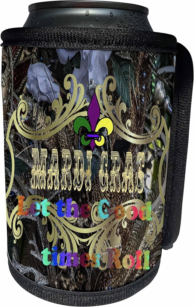 Can Cooler Bottle Wrap - Image of Colorful Let the Good Times Roll On Gold Mardi Gras Sign lens Art by Florene - Mardi Gras