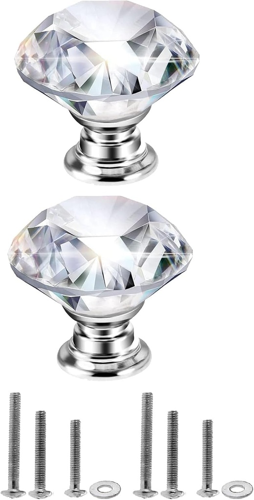 Mtsooning 2PCS Diamond Glass Knob, 30mm/1.18" Clear Crystal Pull with 3 Size Screws for Closet Cabinet Drawer Dresser Kitchen Wardrobe Handles