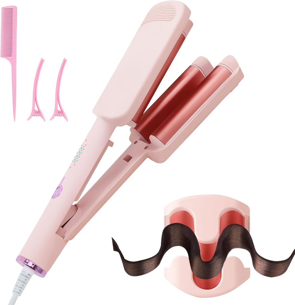 Curling Iron Hair Crimper Waver - CHIKYO 3 Barrel Rovy Wave Curling Iron, 1.25 Inch Ionic Beach Waves Curling Wand, Deep Waver Hair Curler Hot Tool with Ceramic for Women, Dual Voltage, Easy to Use