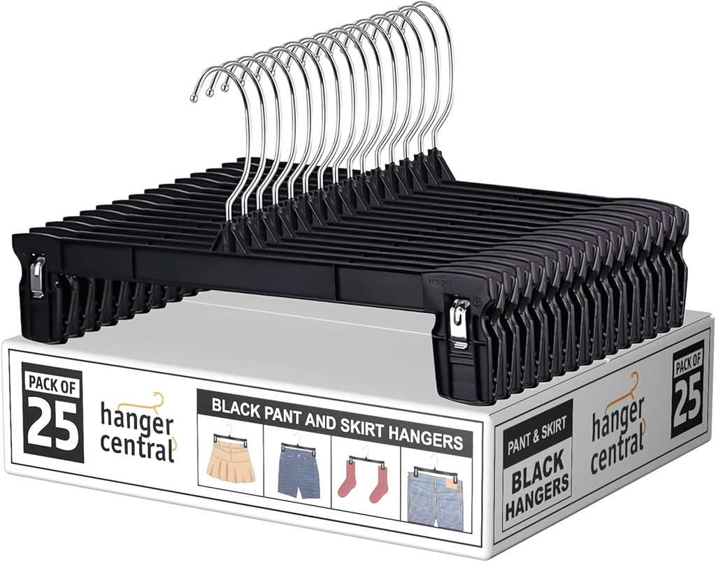 Hanger Central 25 Pack Heavy Duty Plastic Bottoms Hangers with Ridged Pinch Clips Pants Hangers, 12 Inch, Black