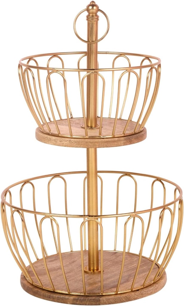 Craft Brio 2 Tier Home and Kitchen Fruit Vegetable Baskets Metal and Wooden Multicolor Black/Gold/Rose Gold Size (16.5 Inches Height) (Gold)