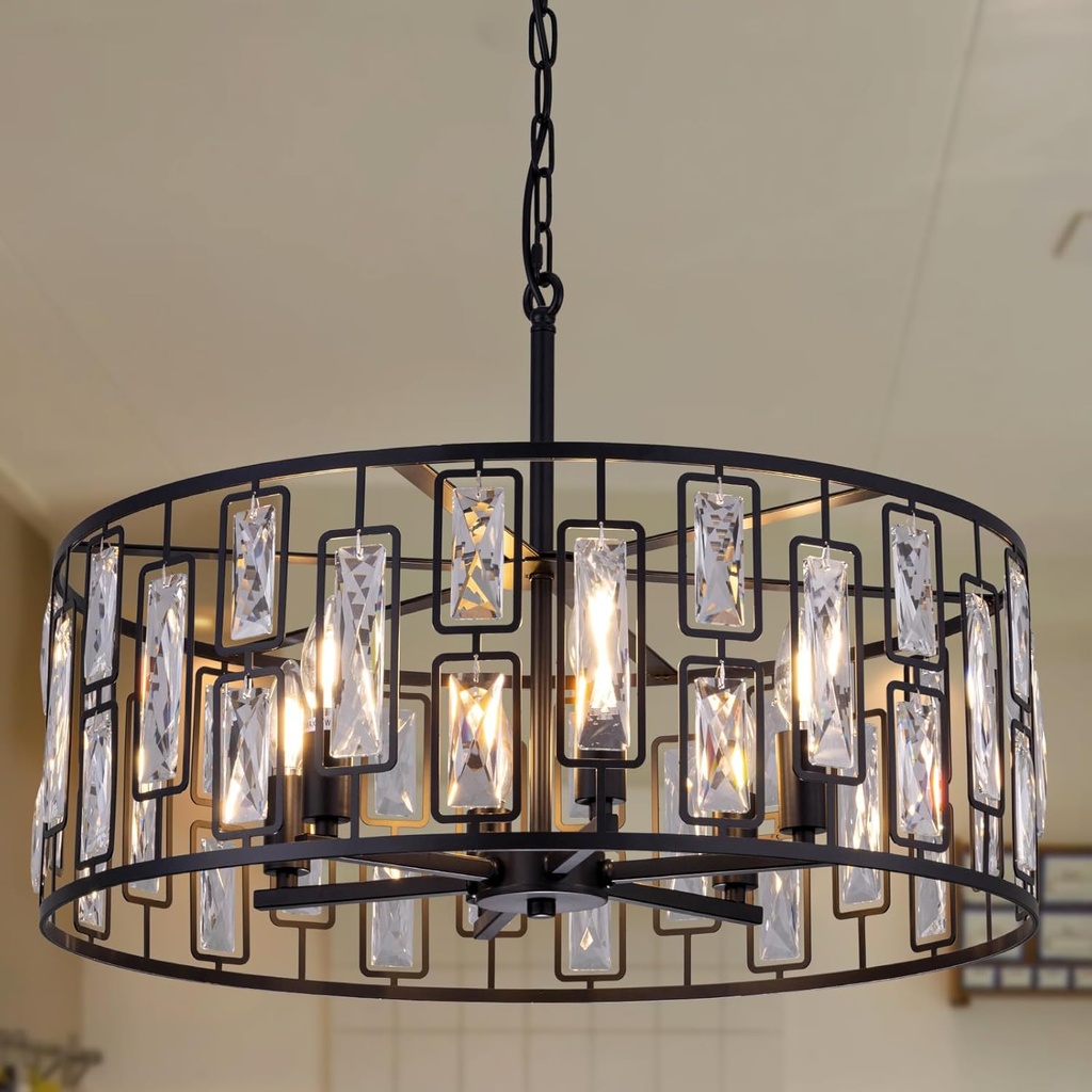 Wellmet Black Crystal Chandeliers 24in, 6 Lights Round Ceiling Light Fixture for Dining Room, Modern Farmhouse Drum Chandelier for Living Room, Bedroom, Bathroom, Kitchen, Entryway, Hallway