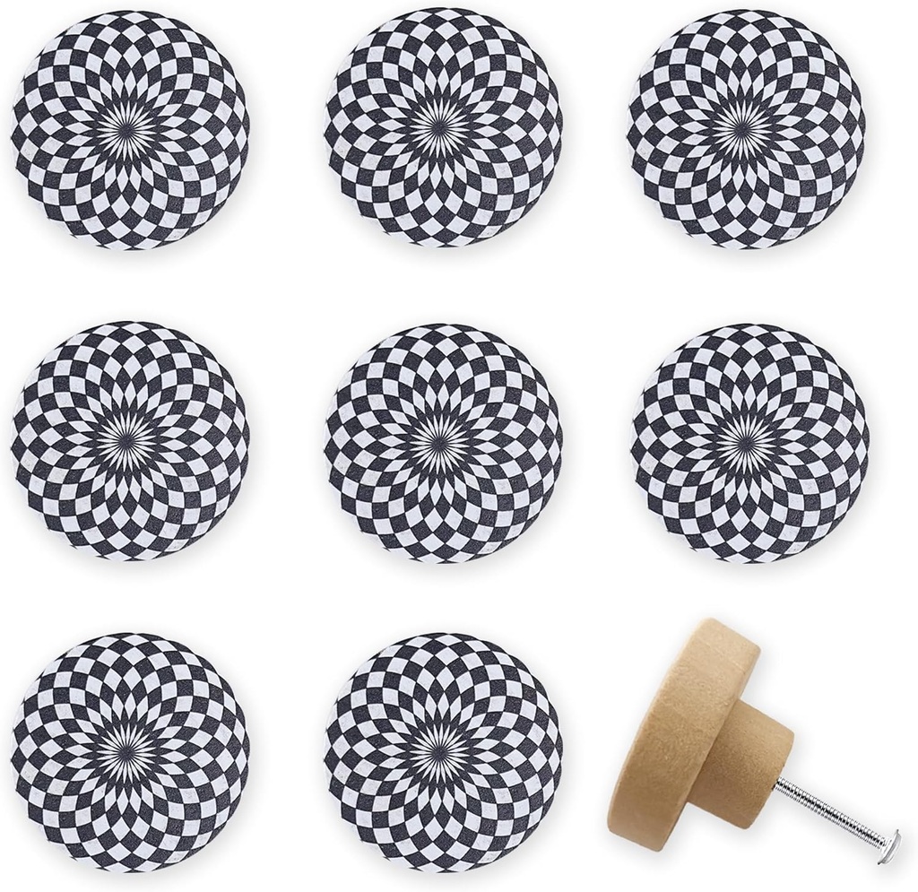 Set of 8 Wooden Vintage Black and White Decorative Cupboard Door Kitchen Cabinet Dresser Drawer Knobs and Pull 1.8 X 1.8 Inches