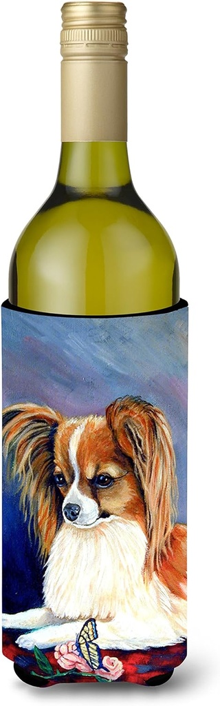 Caroline's Treasures 7038LITERK Papillon Rose and Butterfly Wine Bottle Hugger Bottle Cooler Sleeve Hugger Machine Washable Collapsible Insulator Beverage Insulated Holder