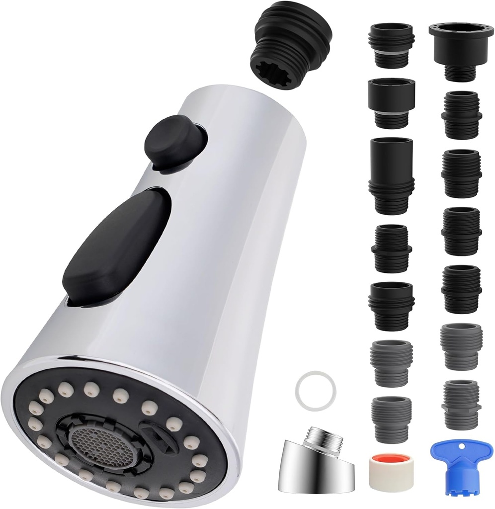 iFealClear Universal Kitchen Faucet Head Replacement, 3 Modes Pull Down Faucet Spray Head Replacement Compatible with Moen Delta Kitchen Sink Faucet, 15 Adapters Available, Chrome