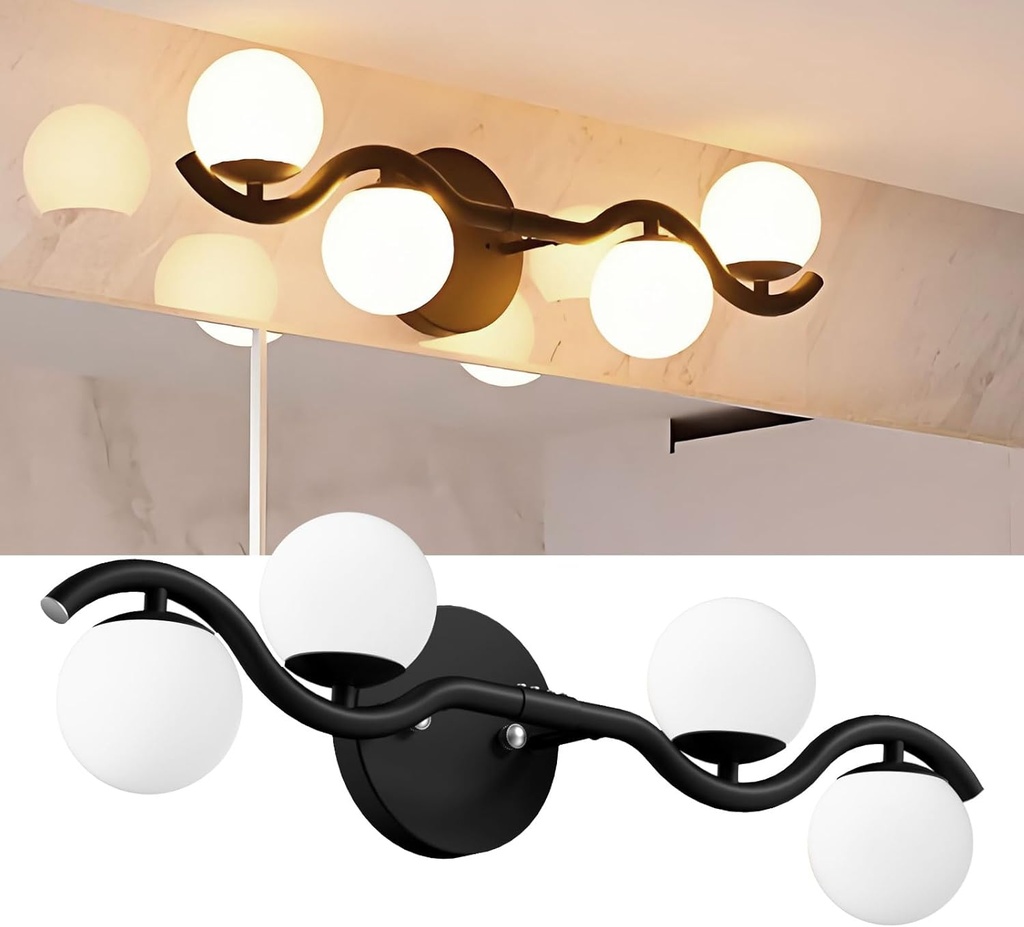 Lightdot 4-Light Bathroom Light Fixtures, 27" Modern Black Vanity Light with White Globe Water/Shatterproof Shades/S-Frame, Rust-Proof Bathroom Wall Lamp for Mirror Living Room Kitchen Cabinet Hallway