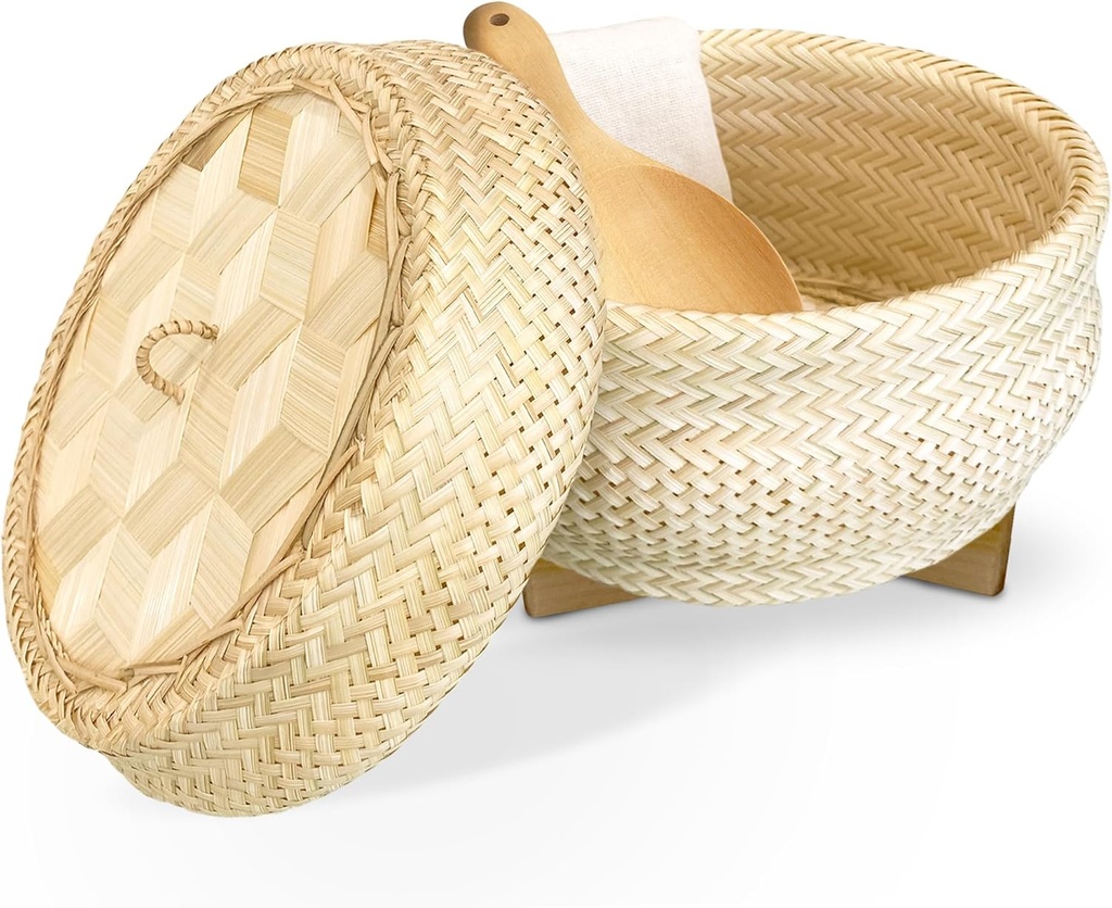 Handmade 100% Natural Thai Bamboo Sticky Rice “Electric Cooker Steamer Set”, Small Pot Insert ~ 6.5 Inch, Hewn Reed Wicker Woven Lid, 16’’ Cheesecloth Filter, and Wooden Spoon