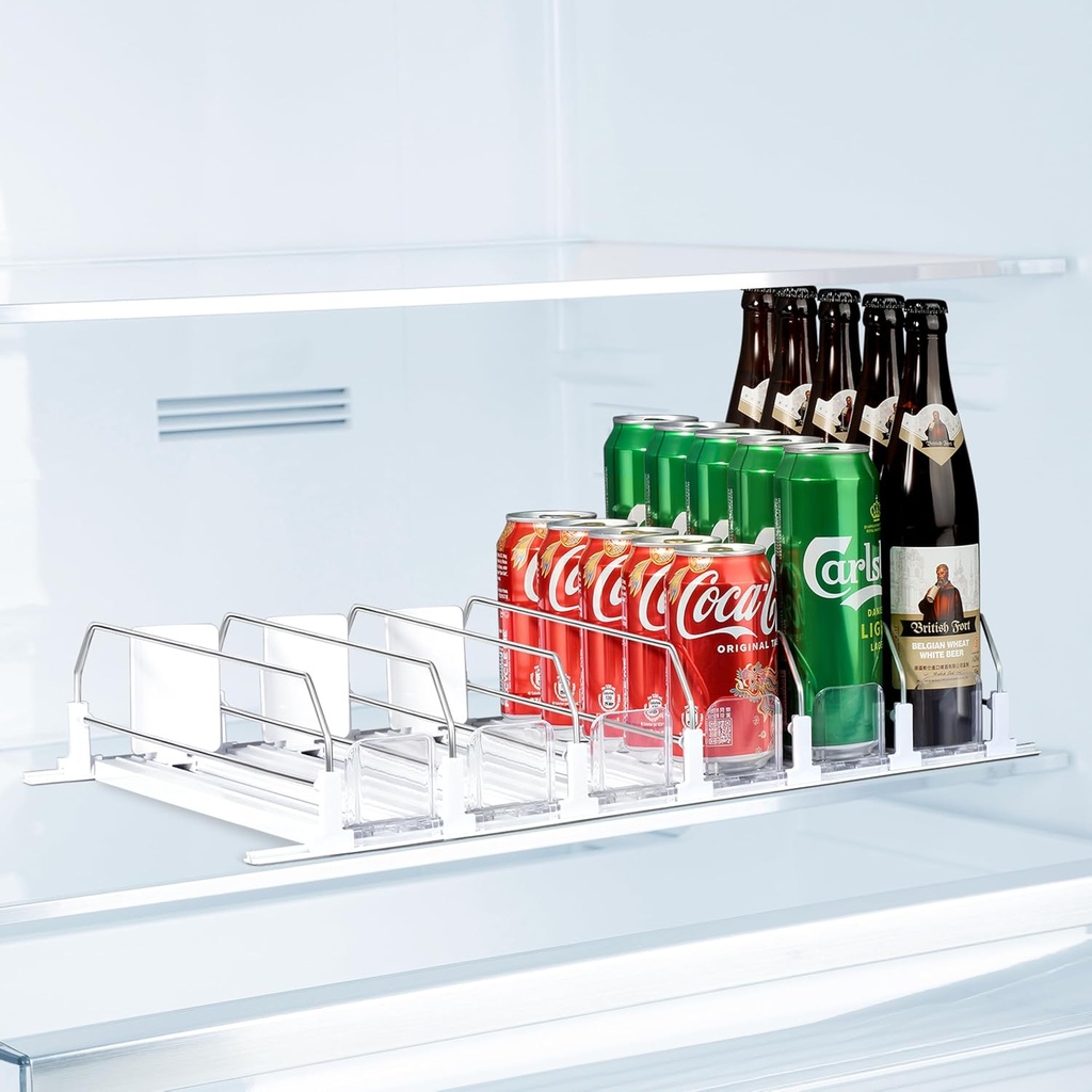 LumoShine Drink Organizer for Fridge, Self-Pushing Soda Can Dispenser for Refrigerator, Width Adjustable Pusher Glide for 12oz to 20oz holds (White, 14.96" D x 18.89" W— 6 Rows)