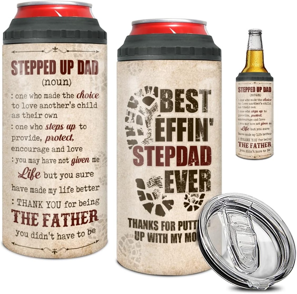 winorax Stepdad Can Cooler Tumbler Stepped Up Dad Gifts 4-in-1 Can Holder Stainless Steel Tumblers Father's Day Cup Gifts for Step Dads Stepfather