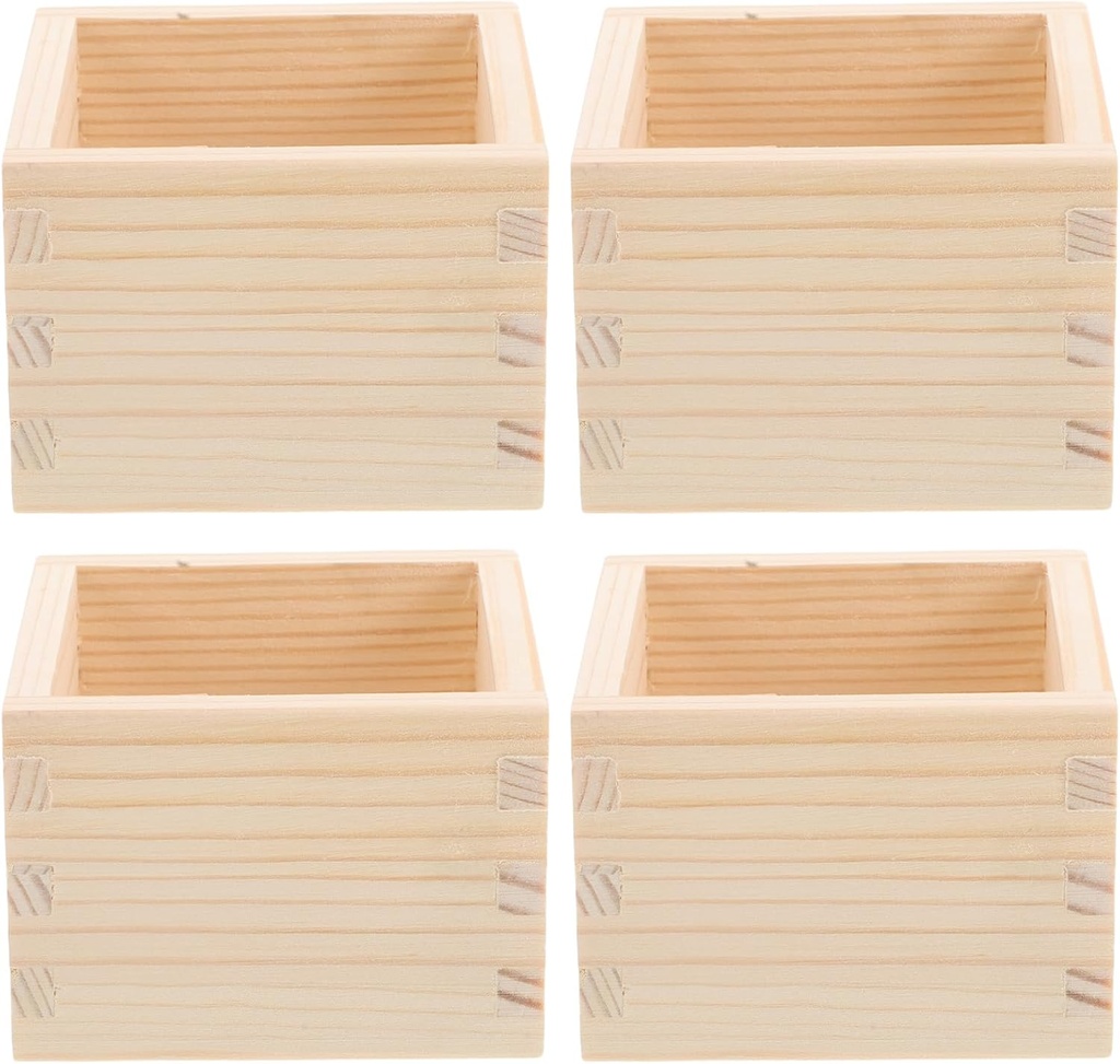 LUOZZY 4 Pcs Japanese Square Wooden Sake Cup Set Traditional Sushi Box Organizer Reusable Home Restaurant Tableware Natural Wood Color Small Size
