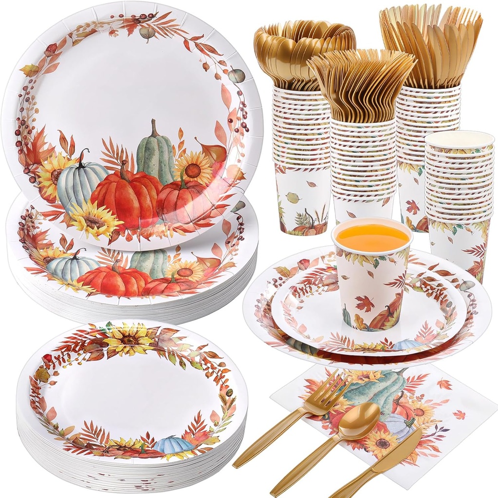 350 Pcs Fall Paper Plates and Napkins for 50 Guests Fall Thanksgiving Party Supplies Pumpkin Disposable Paper Plates Napkin Cup Plastic Cutlery for Autumn Thanksgiving Harvest Party Decoration