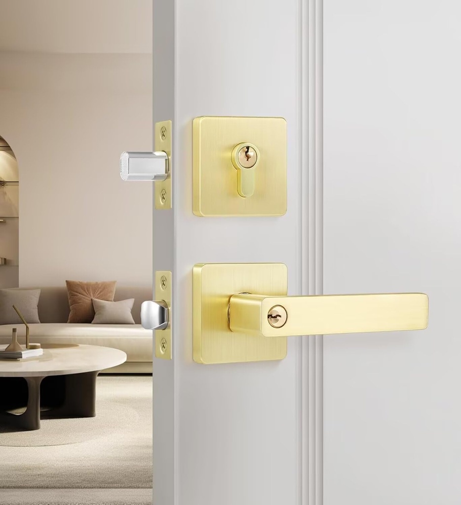 Leydebong 1 Pack Gold Door Handleset with Single Cylinder Deadbolt Entry Lever Door Handle and Deadbolt Lock and Key Combo Pack Heavy Duty Door Lock for Left or Right-Handed Doors