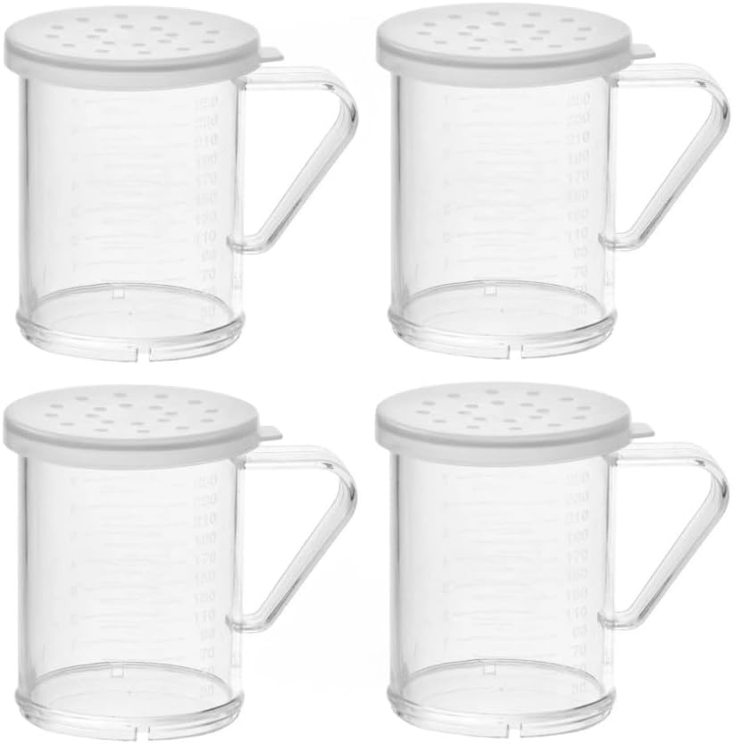 Soro Essentials- 10 oz. Acrylic Salt and Pepper Dredge Shakers with 3 Lids and Handle Set of 4- Seasonings Spice Shakers with Holes Spice Dispenser for Cooking Baking Dredge for Spice Sugar Seasoning