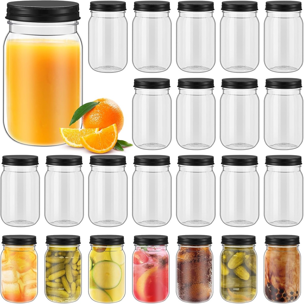 48 Pack 16 oz Clear Plastic Jars Reusable Storage Container Plastic Jars with Lid Wide Mouth Jar Refillable Cup Empty Overnight Oat Kitchen Household Storage for Honey Spice Herbs