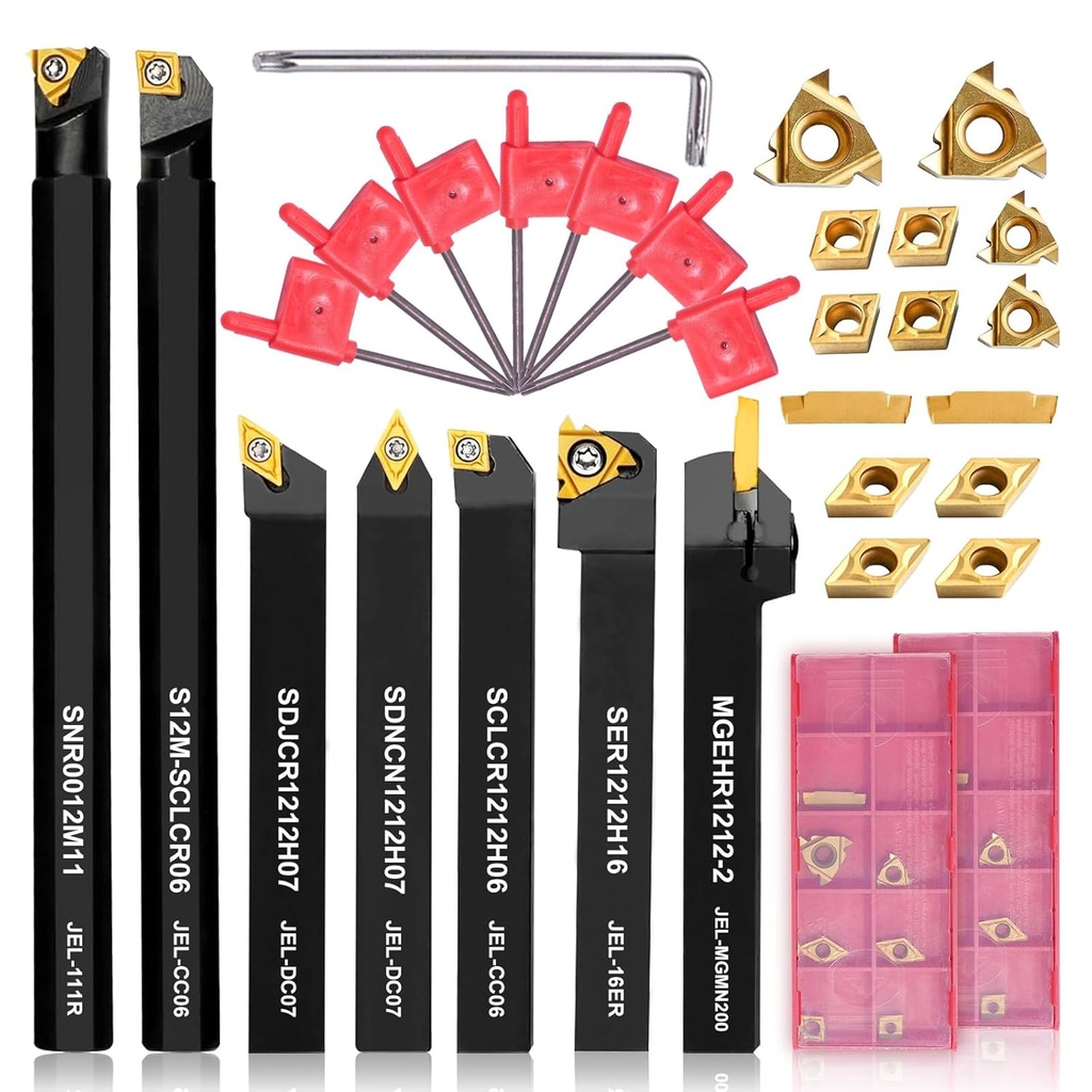 Indexable Lathe Tools 21PCS Kit, 1/2" 12mm Shank 7PCS Metal Lathe Turning Tools Holders Boring Bar, with 14PCS Carbide Inserts Turning Inserts for Turning Grooving Threading Carbide Lathe Tools