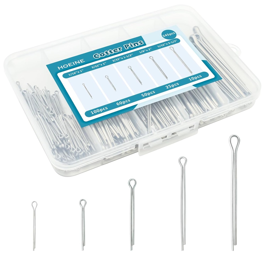 Cotter Pin Assortment Kit, 245pcs Hardware Pins 5 Sizes Stainless Steel Cotter Pins for Mower, Tractor, Motorcycle, Boat, Vehicle, etc.