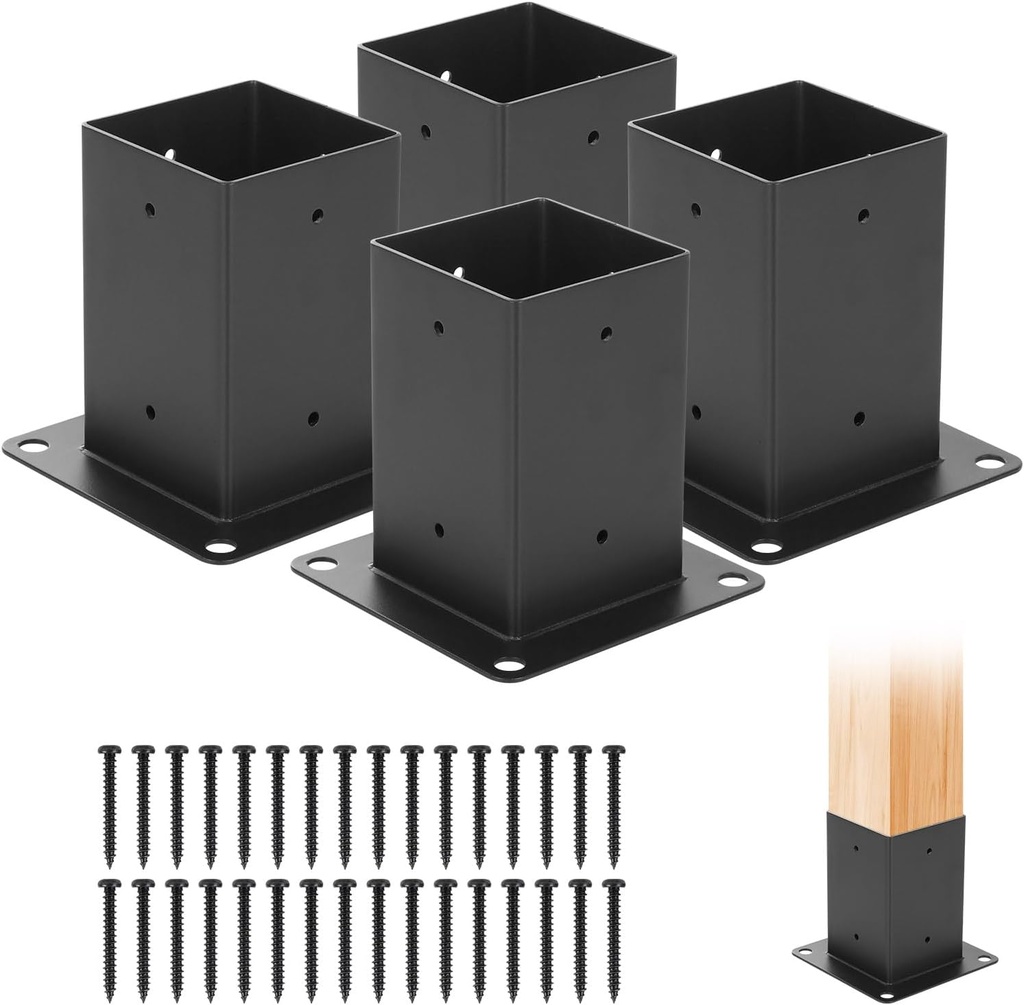 4x4 Post Base, 4Pcs Deck Post Base(Inner Size 3.6"x3.6"), Heavy Duty Powder-Coated Steel Post Bracket with Screws for Standard Wood Post Anchor