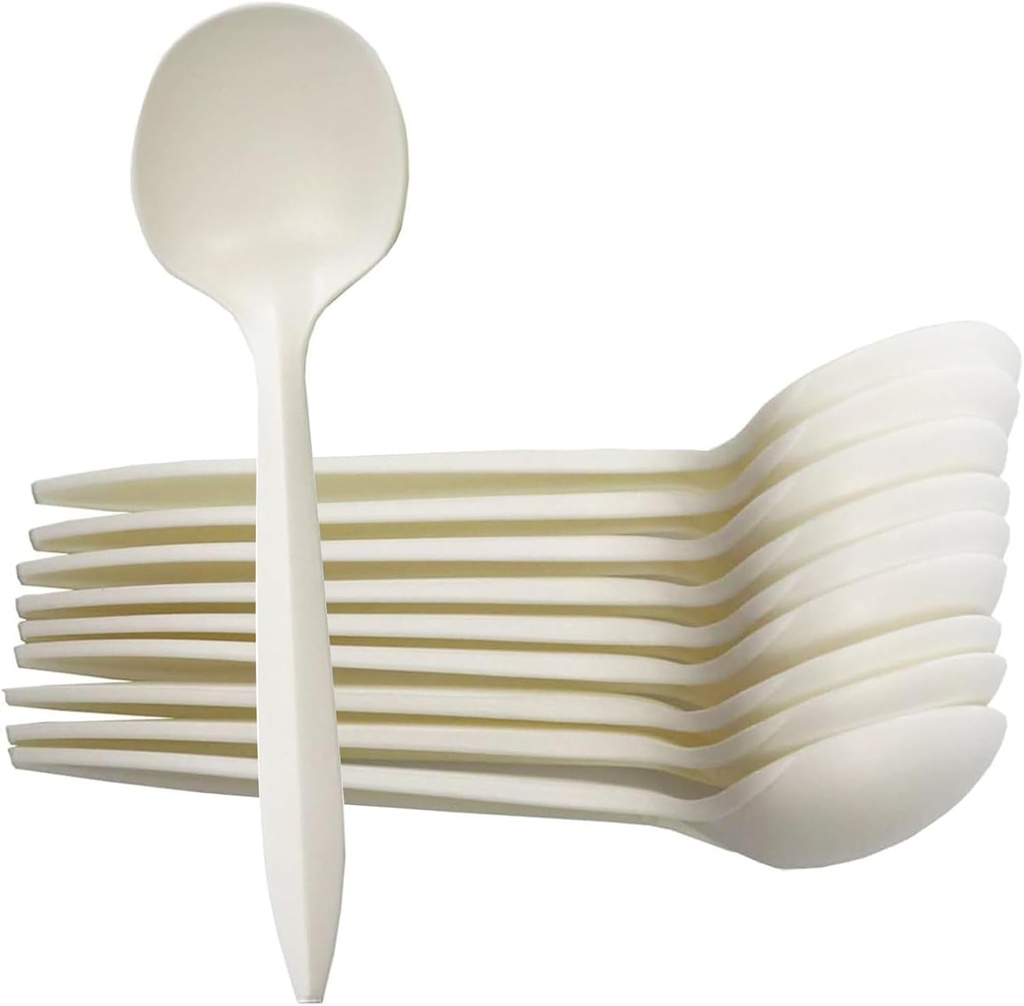 T Legend Eco-Friendly 50 Pack Cornstarch Soup Spoons, Ivory Large Capacity 5.3" Disposable Spoons for Hot Soup Milk Shake Salad etc.
