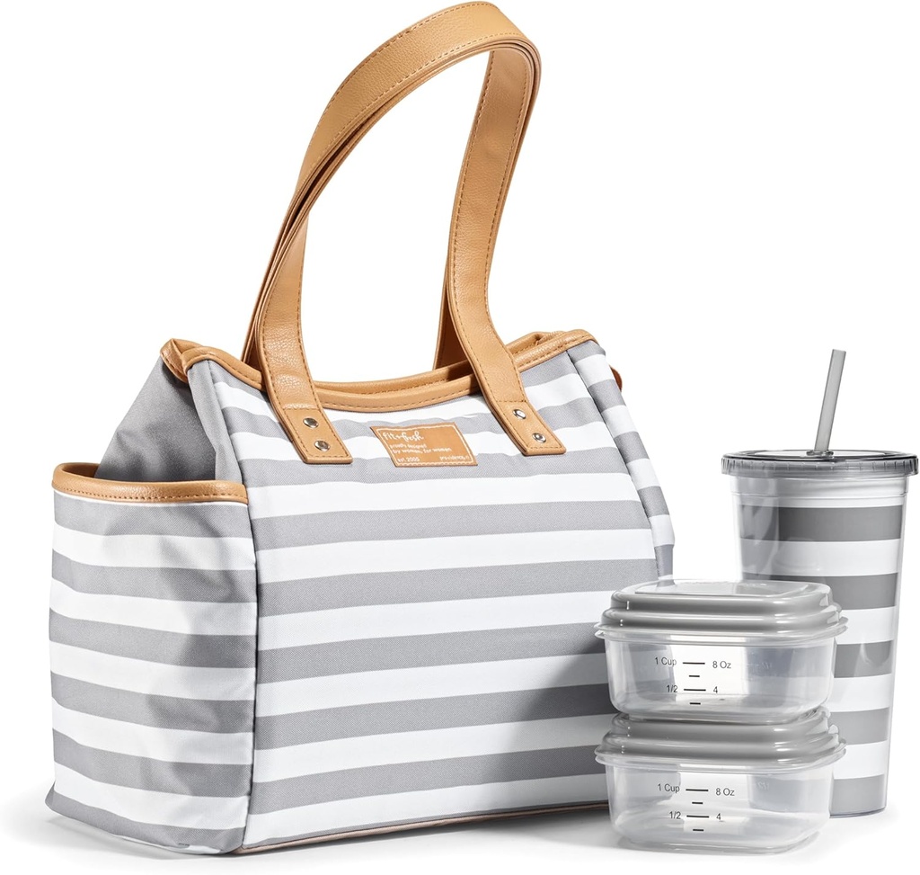 Fit & Fresh Lunch Bag For Women, Insulated Womens Lunch Bag For Work, Leakproof & Stain-Resistant Large Lunch Box For Women With Containers and Matching Tumbler, Zipper, Westerly Lunch Bag, Grey Strip