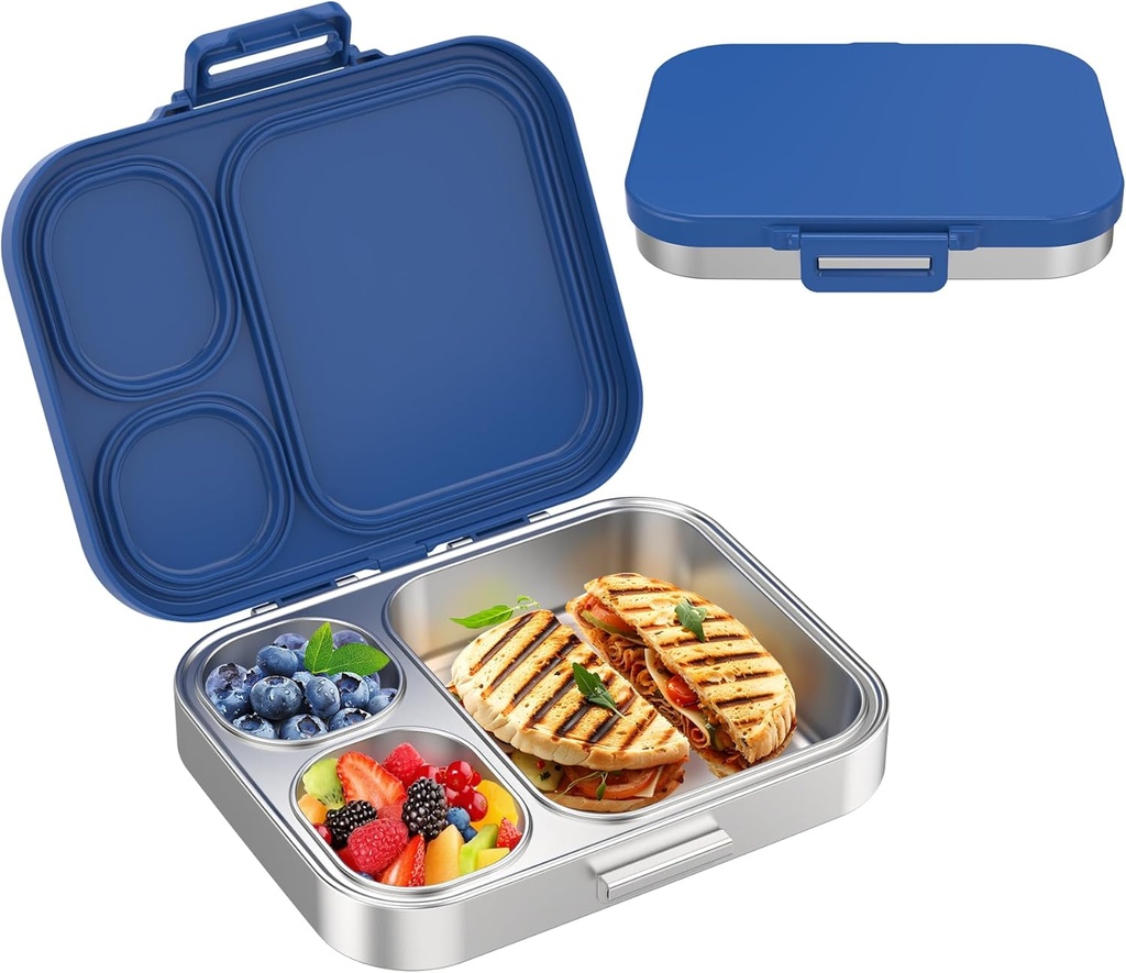 Stainless Steel Bento Lunch Box for Kids | 3-Compartment Lunch Box Container Kids | 100% Leakproof, Eco-Friendly, Perfect Portion Control for Kids&Adult Healthy Meals (Blue)