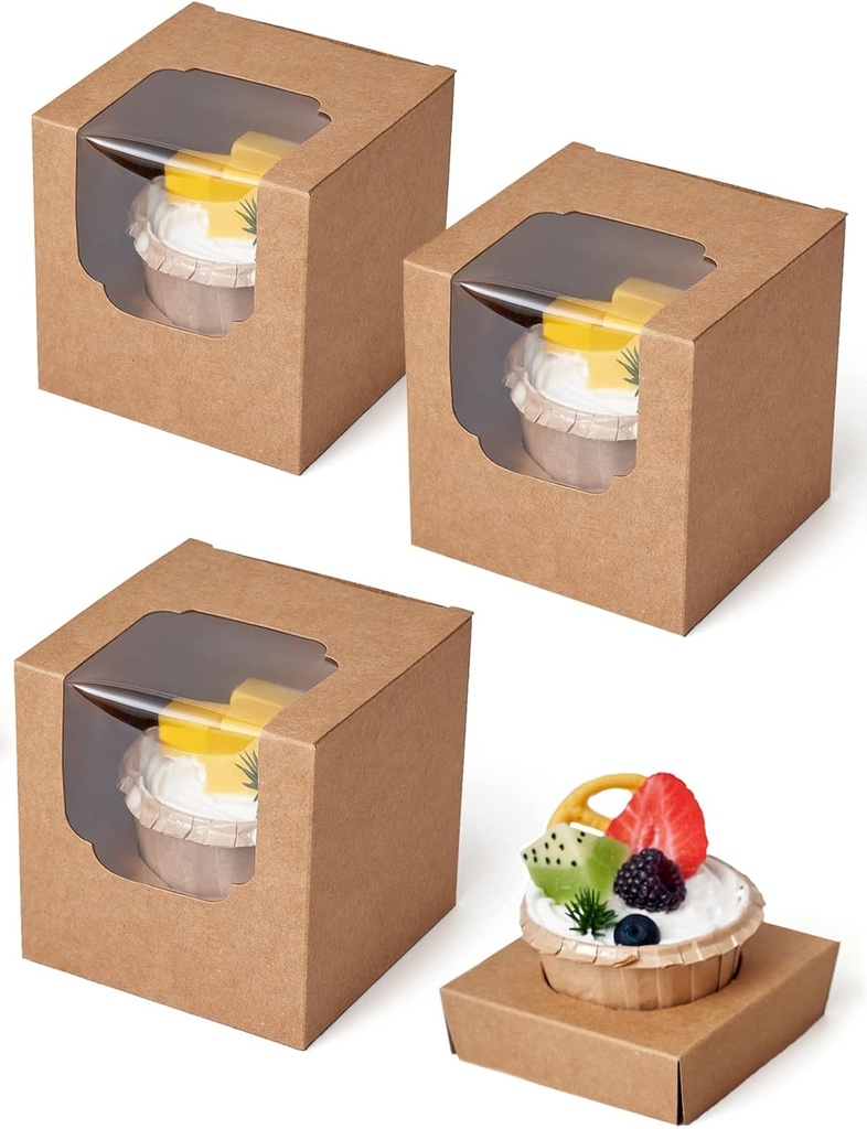 Happyhiram Cupcake Boxes 50 Pcs Brown Kraft Individual Cupcake Box, Single Container Paper Holder with Insert and Window for Muffins Cocoa Bombs Packaging Togo Boxes for Birthdays Party Favor