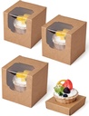 Happyhiram Cupcake Boxes 50 Pcs Brown Kraft Individual Cupcake Box, Single Container Paper Holder with Insert and Window for Muffins Cocoa Bombs Packaging Togo Boxes for Birthdays Party Favor