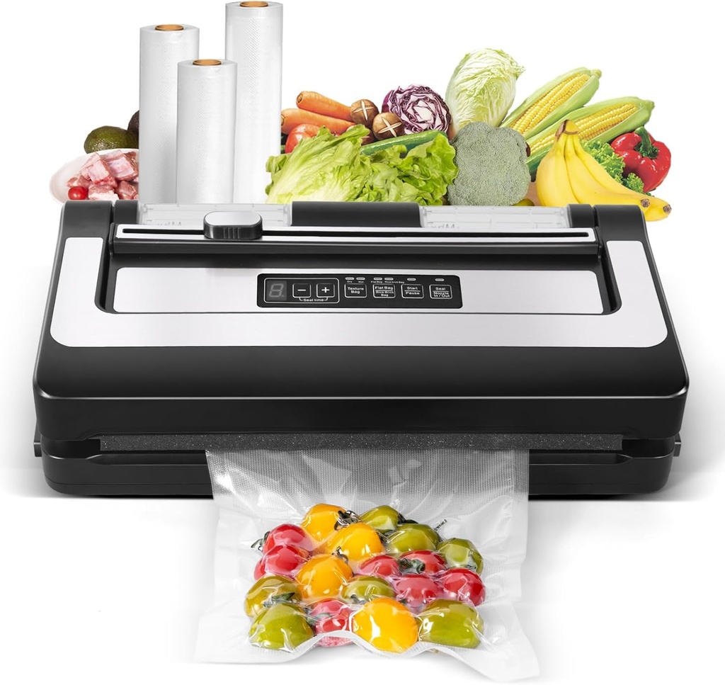 Deluxe Food Vacuum Sealer with Cutter, Suitable for Smooth Bags or Textured Bags, Powerful 80kPa Suction Power, with 10 Vacuum Seal Bags