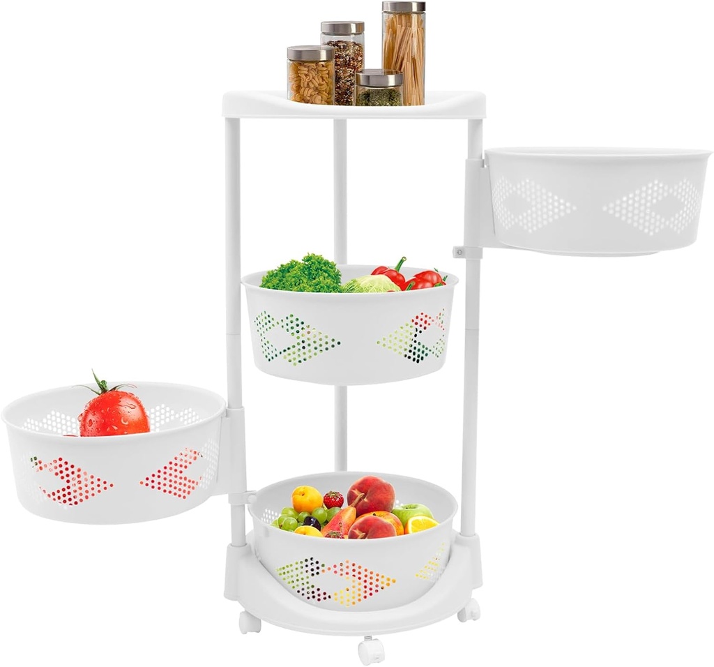 Rotating Kitchen Storage Basket, Multi-Layer Adjustable Kitchen Storage Rack, Stackable Shelf Fruit Vegetable Organizer with 5 Lockable Casters, Multi-Layer Round Storage Cart Space Saver (4 Tier)