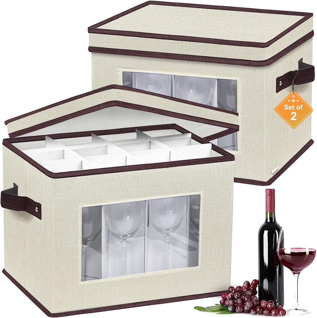 homyfort 2 Pack Wine Glass Storage Box with Dividers, Stemware Storage Case Organizer, China Crystal Glass Storage Containers for 24 Goblets (Beige)