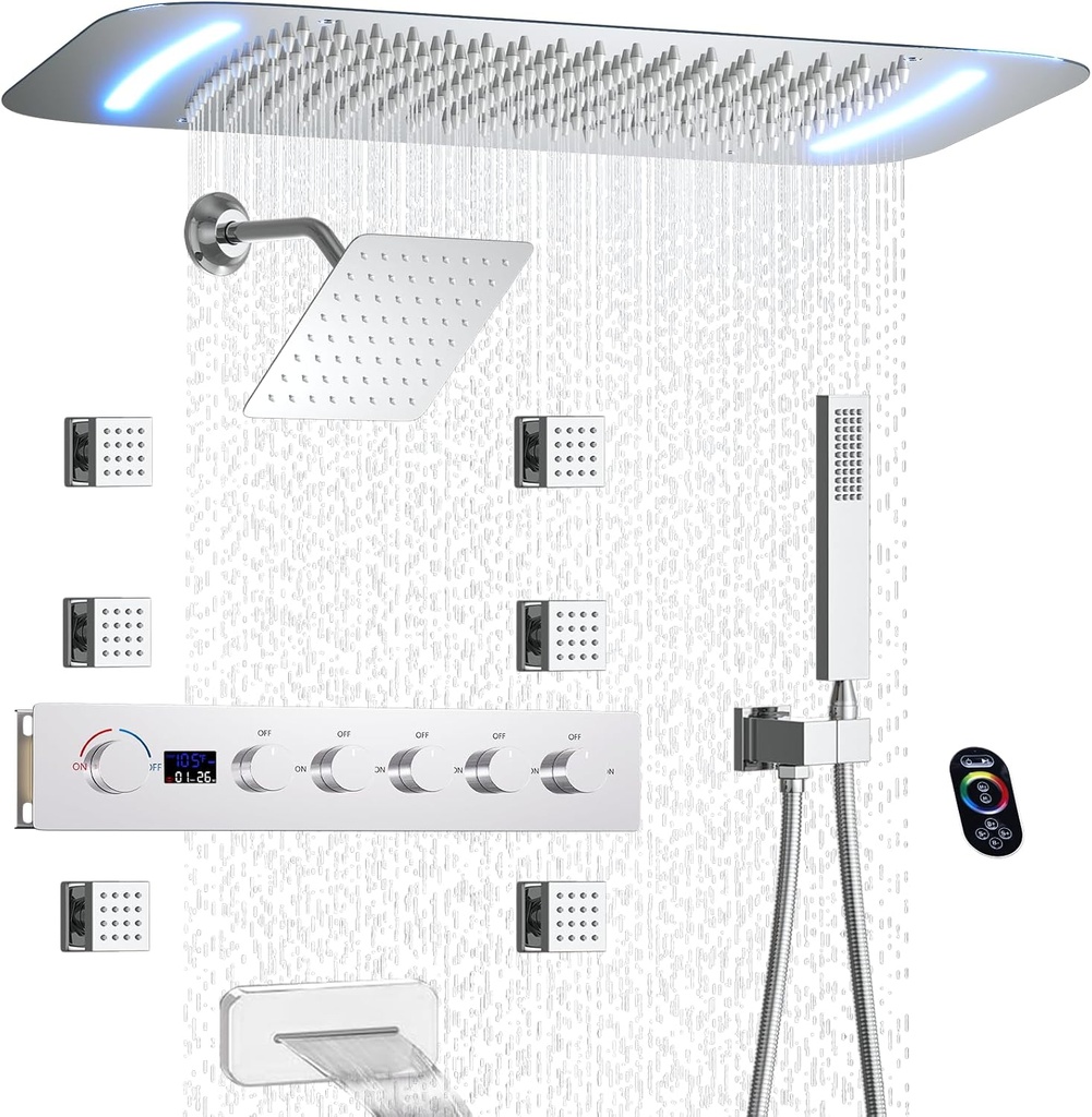 Dual Shower Heads Shower Faucet Set with 16X26 Inch Rainfall Head and 8 Inch Side Rain Head,Digital Display Shower Set with Body Jets Waterfall Tub Spout and Handheld Spray (Chrome)