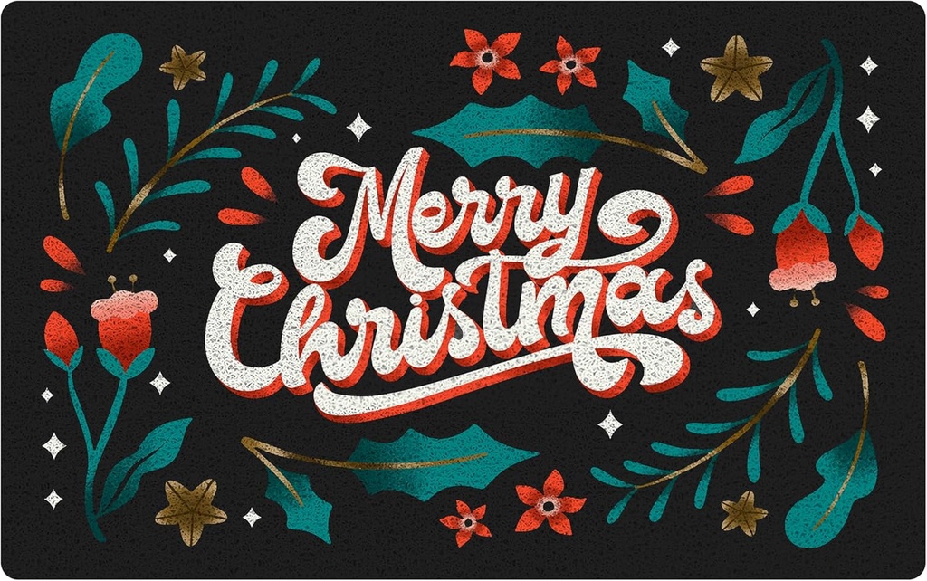 Black Christmas Door Mat, Merry Christmas Wreath Doormat Outdoor Indoor Outside Entrance Entryway, Holiday Winter Xmas Floral Welcome Mat for Front Door Porch, 17x30 Inches
