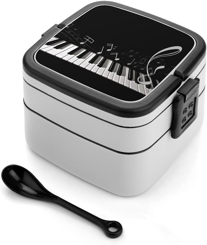 Bento Lunch Box for Women Lunch Containers for Adults Black White Musical Note Double Layered Lunchbox Large Capacity Bento Box with Cutlery for Work Picnic Camping Travel